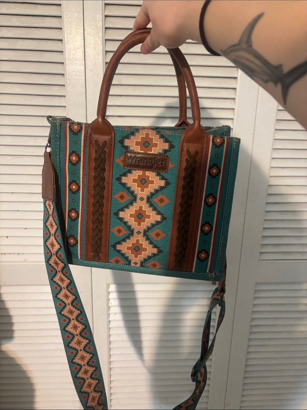 Wrangler Turquoise Aztec Crossbody Tote with Brown Trim